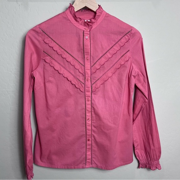 Sezane Blouse Ruffle Pink Rose Rodeo Boho Button Down Eyelet Lace Western Paris - Picture 1 of 15